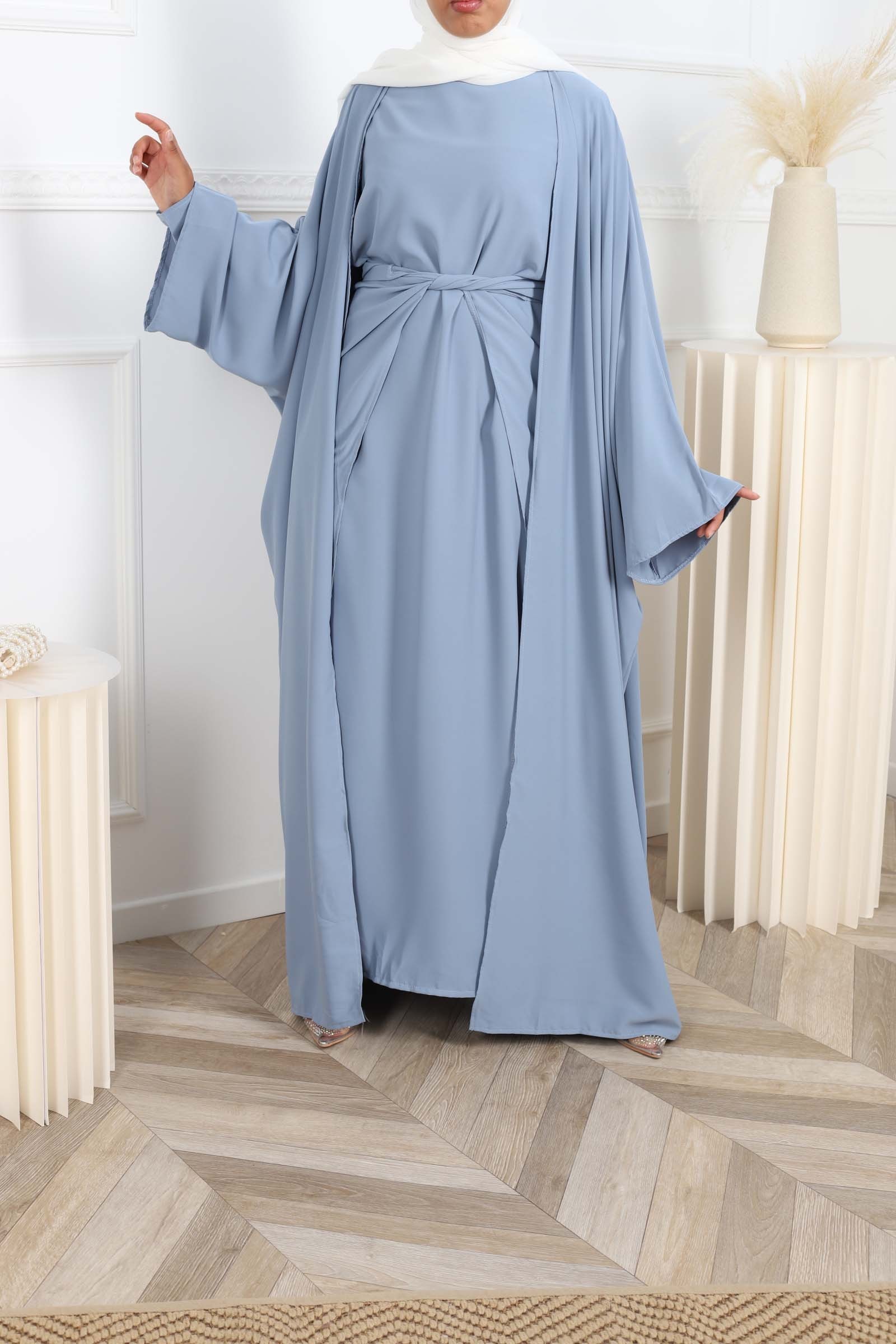 Abaya kimono 3pcs sharjah bleu